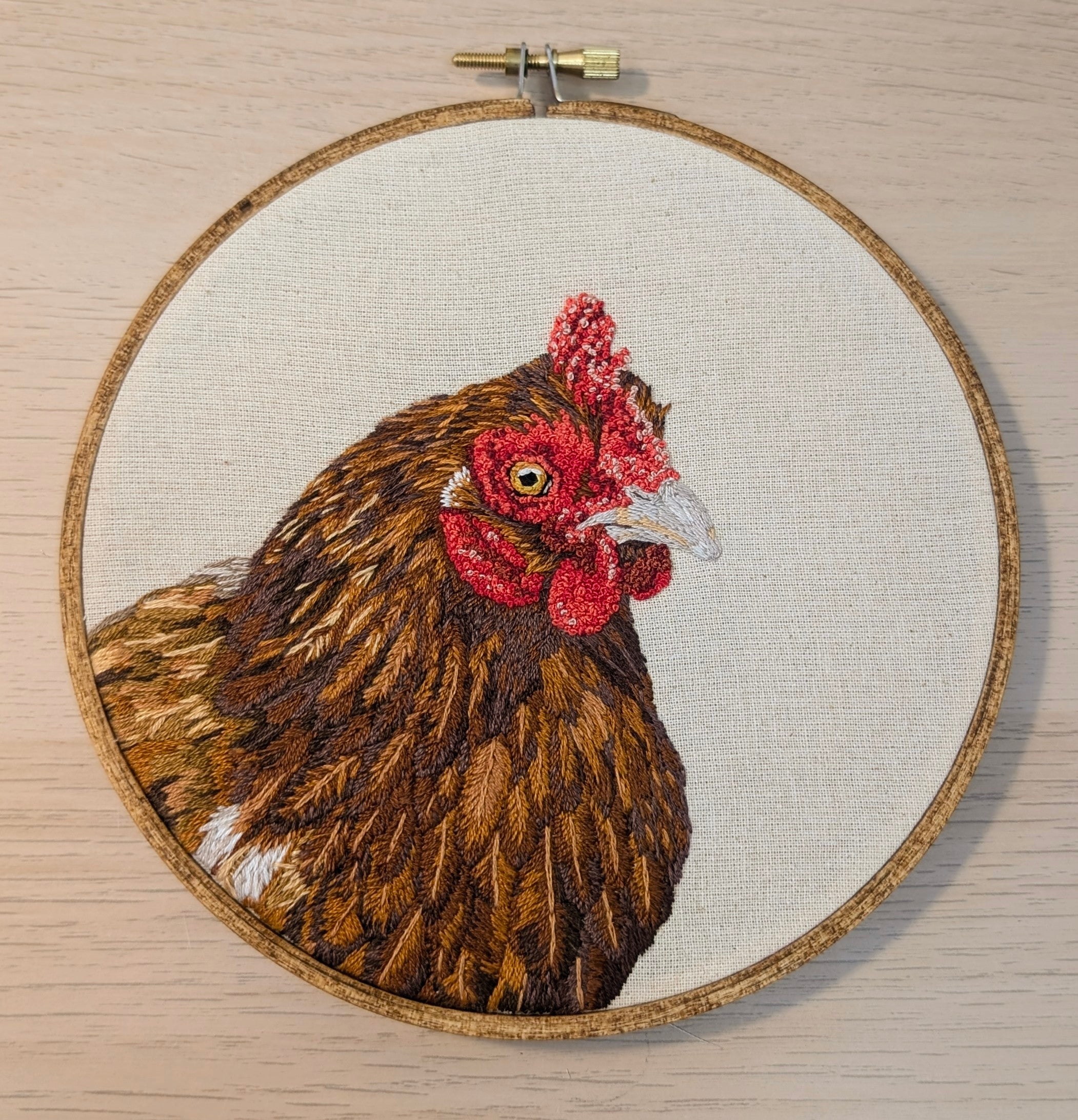 Hand embroidered chicken portrait, 6" wooden hoop
