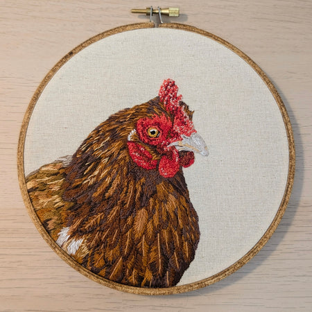 Hand embroidered chicken portrait, 6