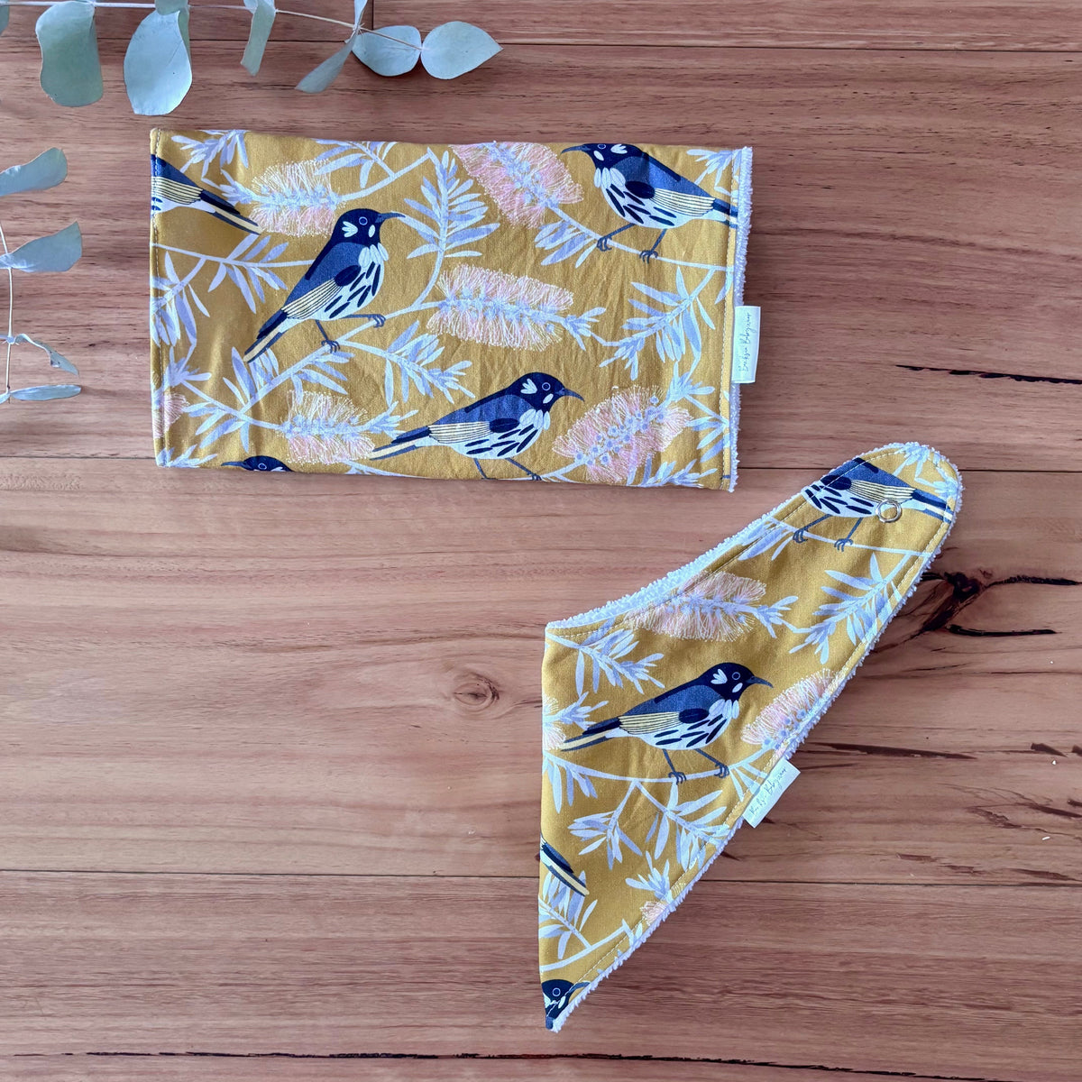 Baby Bib and Burp Cloth Set | Yellow Birds and Banksias | Ready to Ship