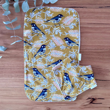 Baby Bib and Burp Cloth Set - Yellow Birds and Banksias