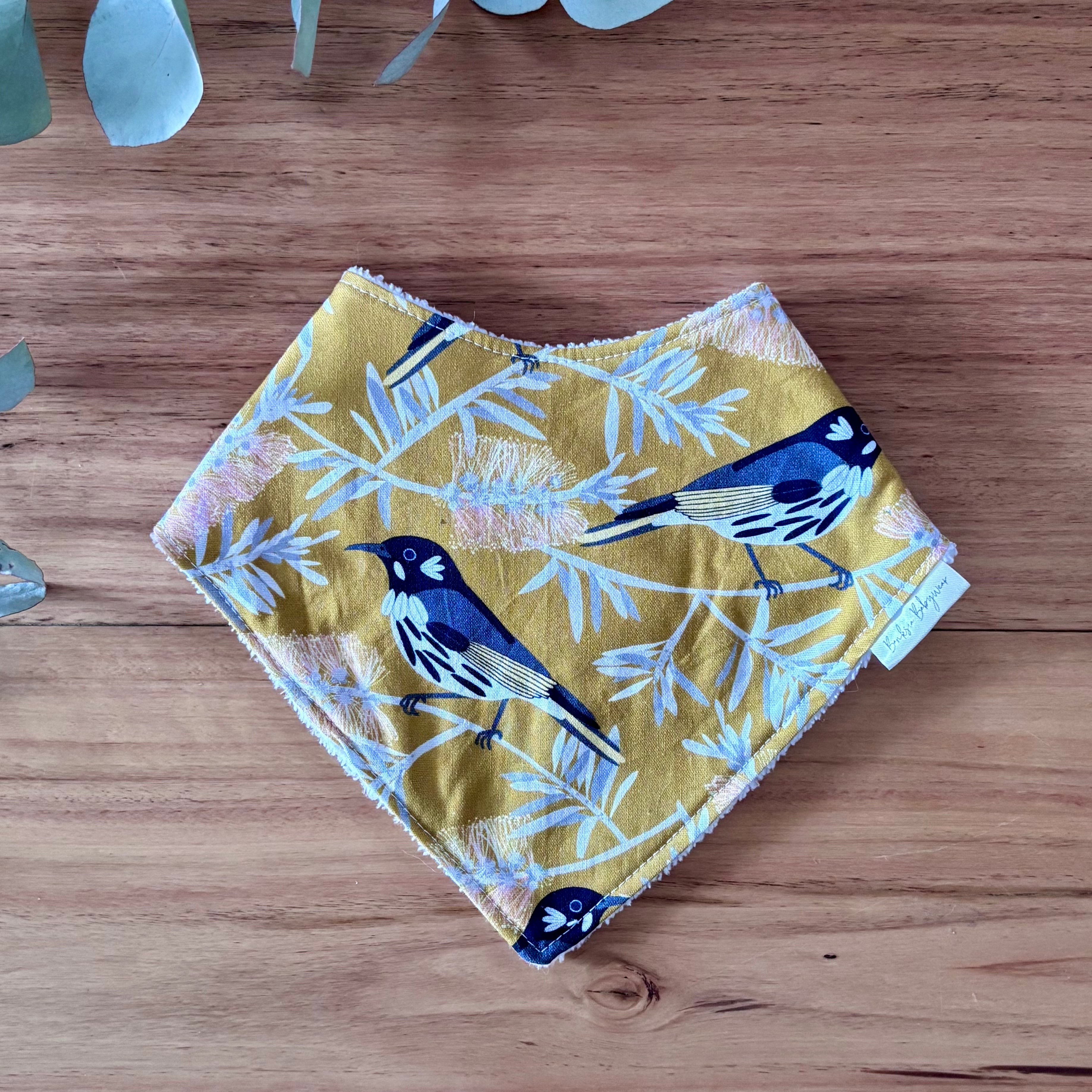 Baby Bib and Burp Cloth Set - Yellow Birds and Banksias