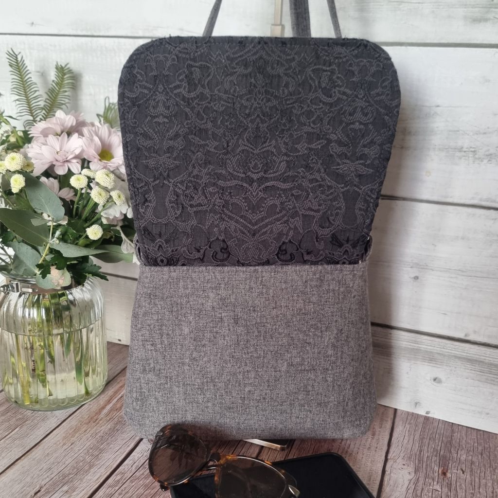 Upcycled small messenger bag - grey & black filigree pattern