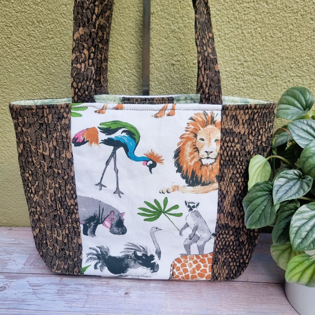 Upcycled medium tote - Brown faux snakeskin & African animals