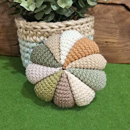 Handmade Crochet sensory ball rattle inside earthy neutral colours