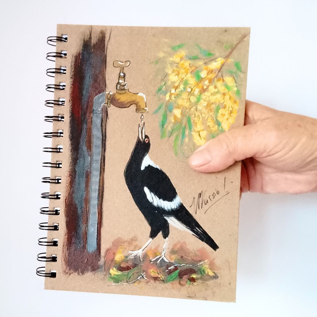Magpie handpainted Notebook with wattle