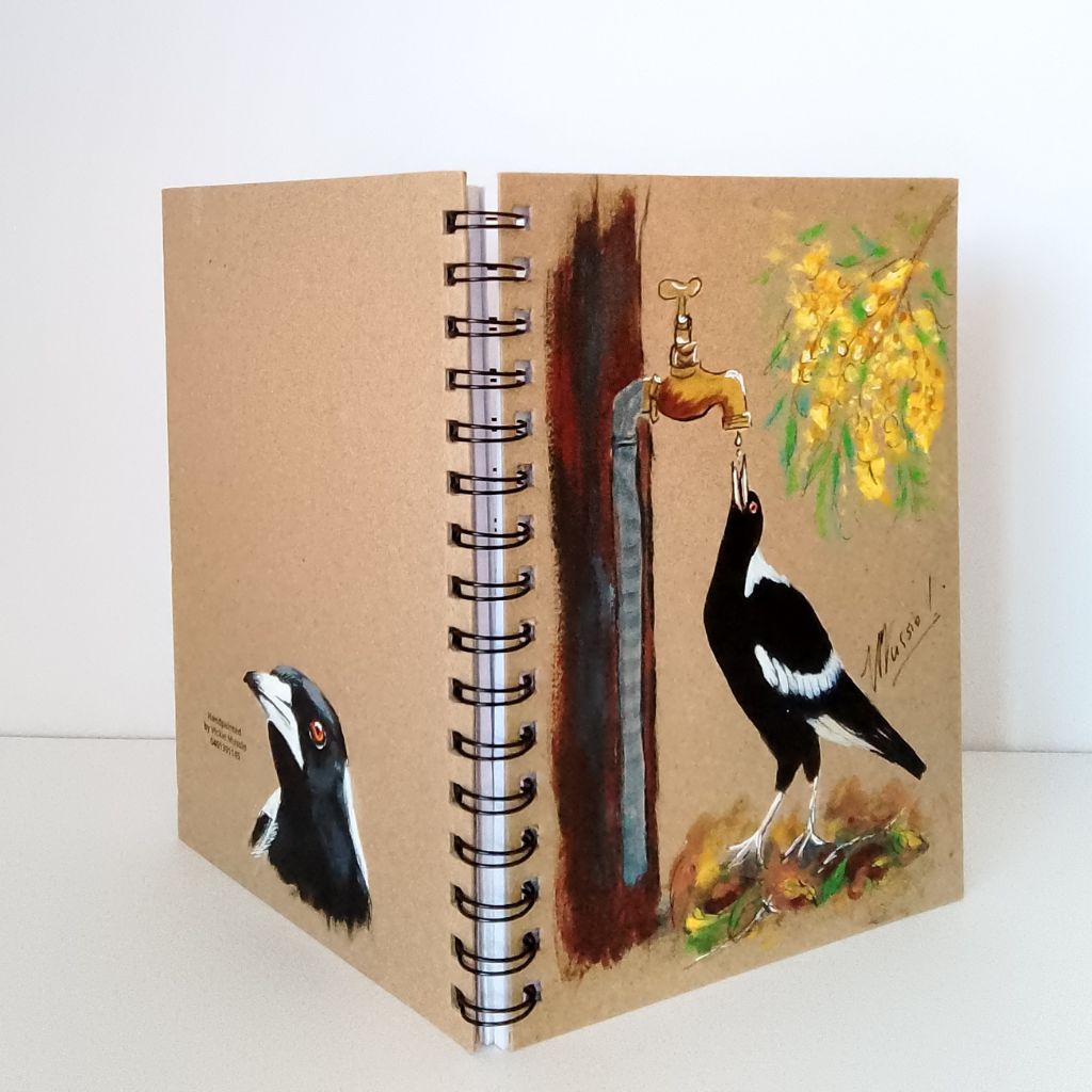 Magpie handpainted Notebook with wattle