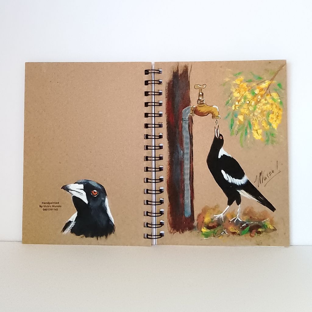 Magpie handpainted Notebook with wattle