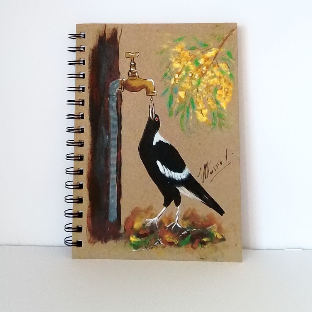 Magpie handpainted Notebook with wattle