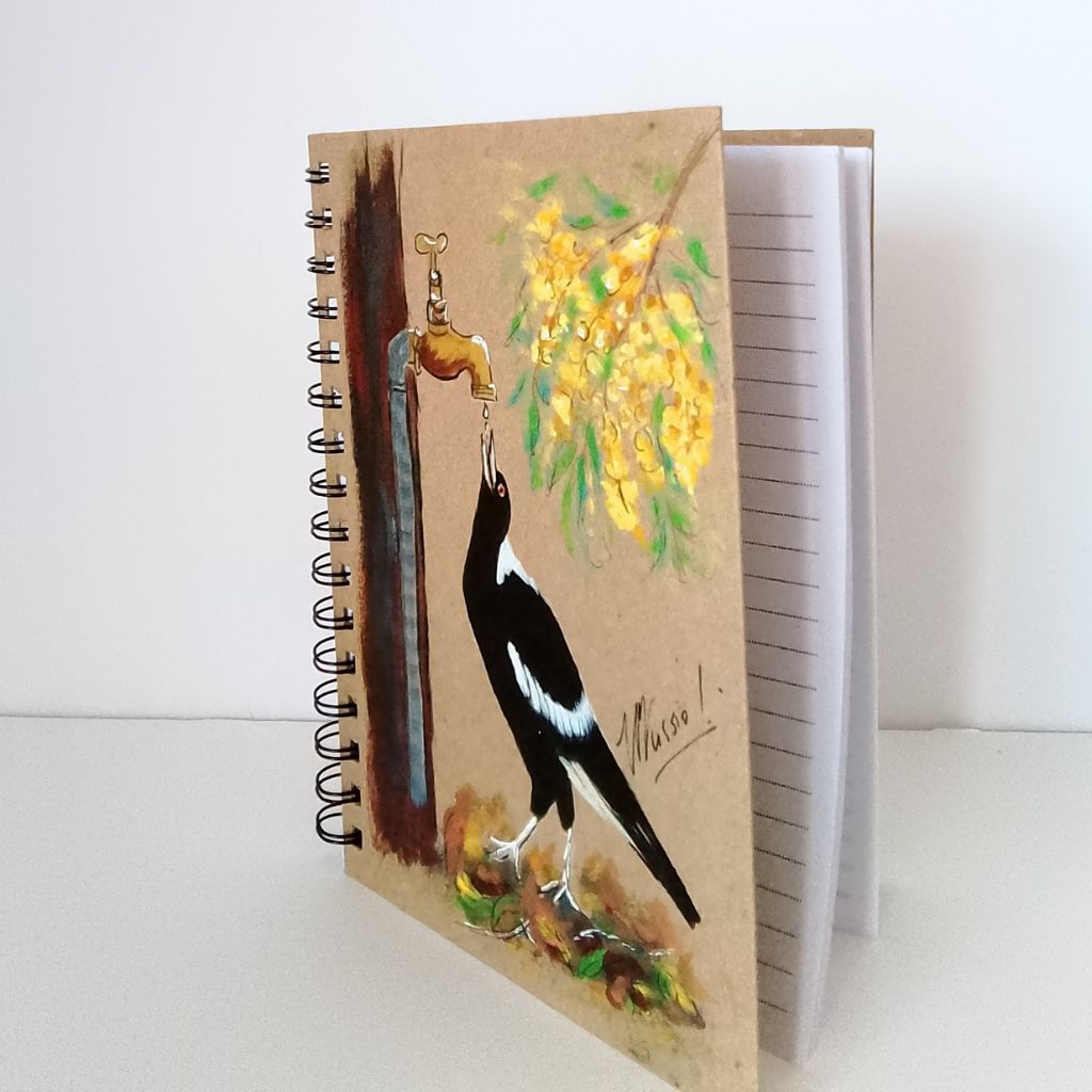 Magpie handpainted Notebook with wattle