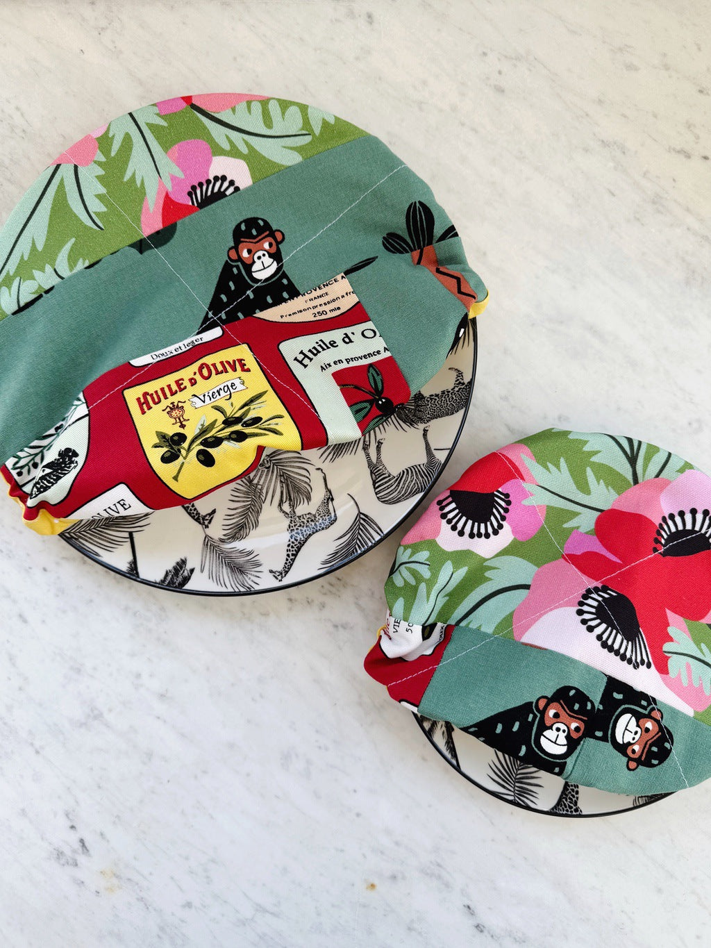 Cheeky monkeys reusable fabric bowl covers. Set of two. Proofing cloths.