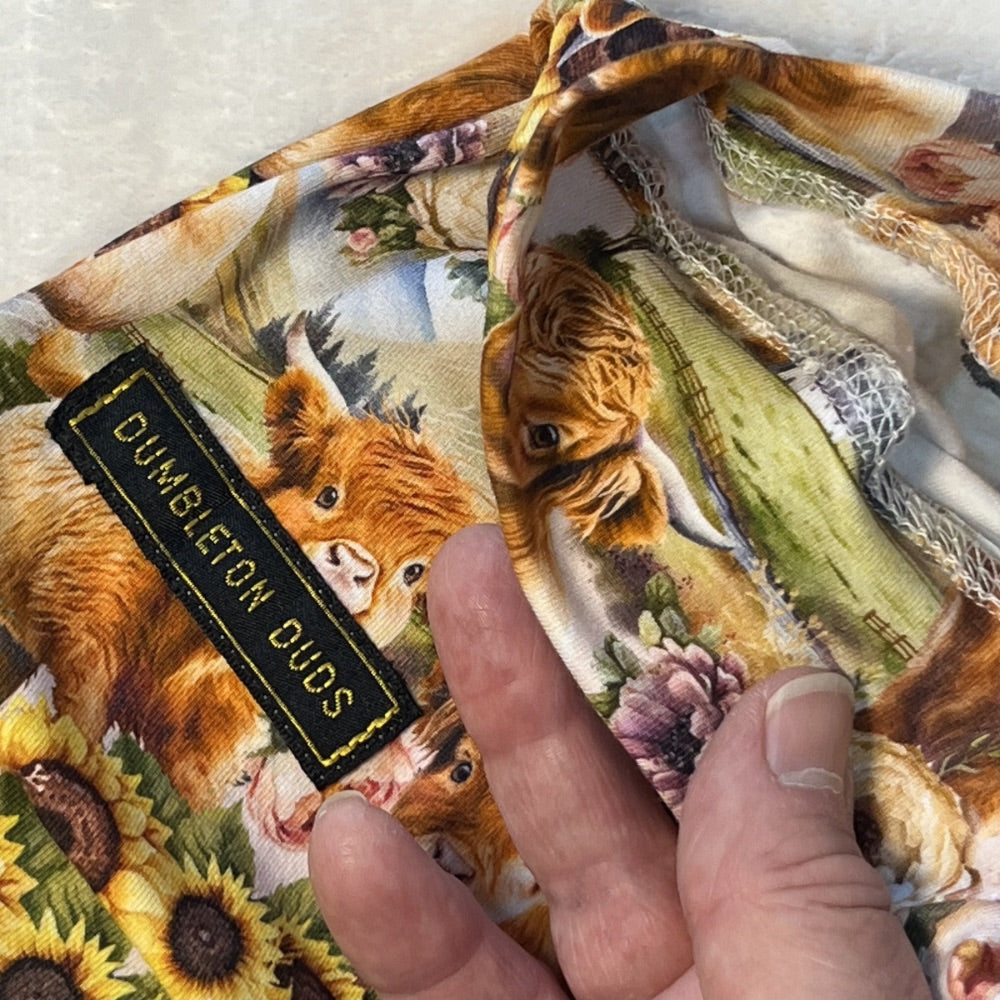 Cows and Sunflowers | Sizes 000, 00, 0 | Handmade Baby Pants by Dumbleton Duds | FREE Postage $50+