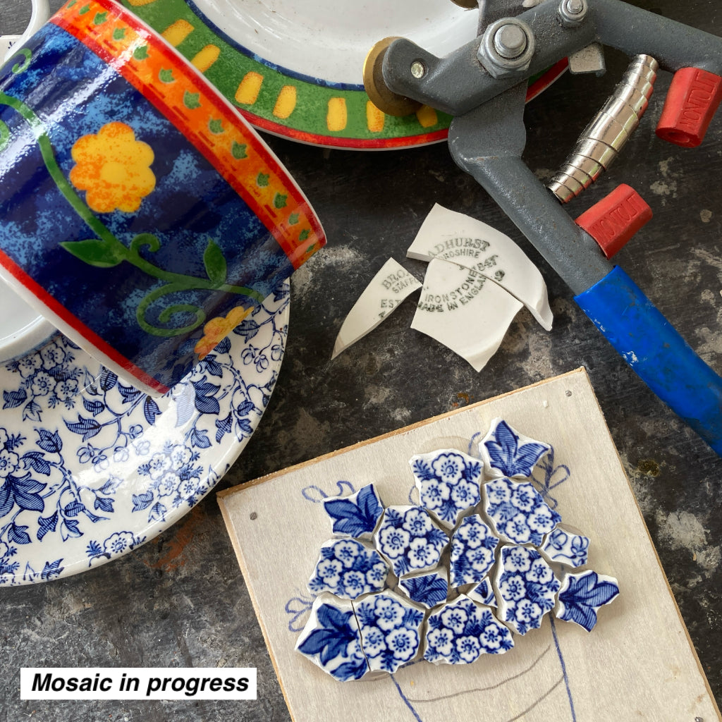 Mini Mosaic Artwork - Flowers / Teal Background - Upcycled Crockery