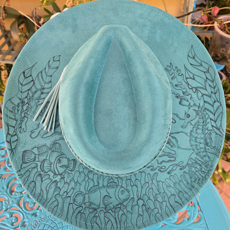 Hand burnt fedora hat - seahorse & clown fish