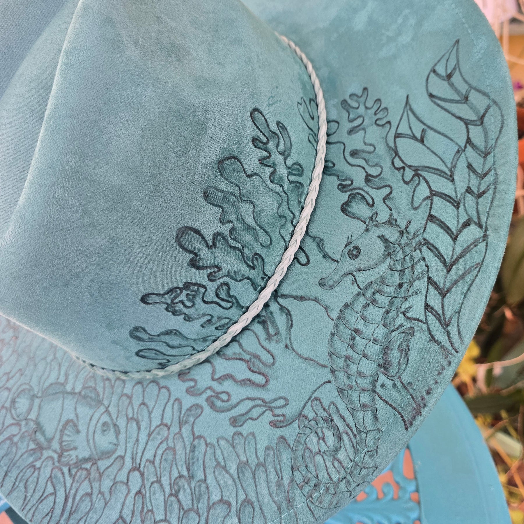 Hand burnt fedora hat - seahorse & clown fish