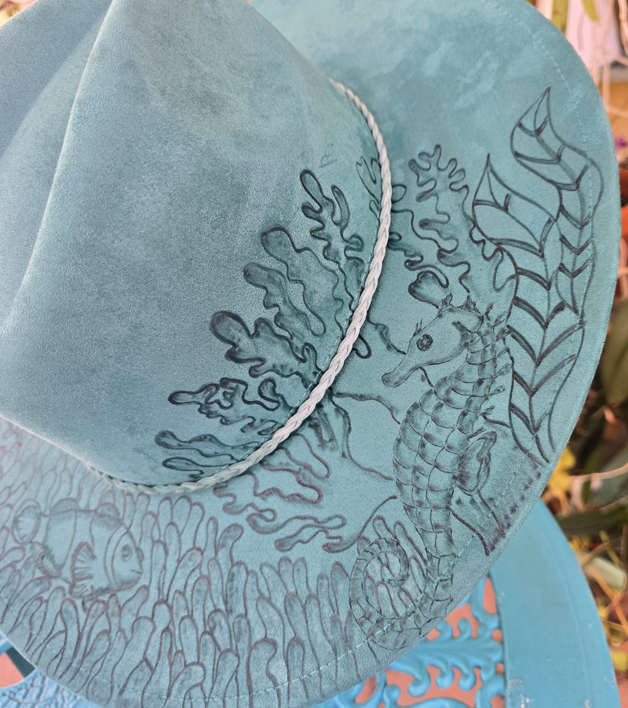 Hand burnt fedora hat - seahorse & clown fish