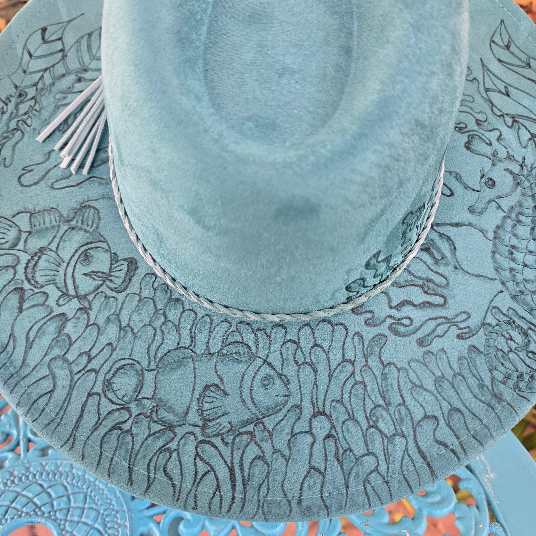 Hand burnt fedora hat - seahorse & clown fish