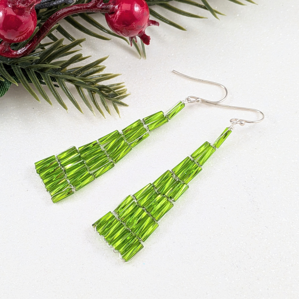 Christmas Earrings Bugle Bead Chrsitmas Tree Earrings