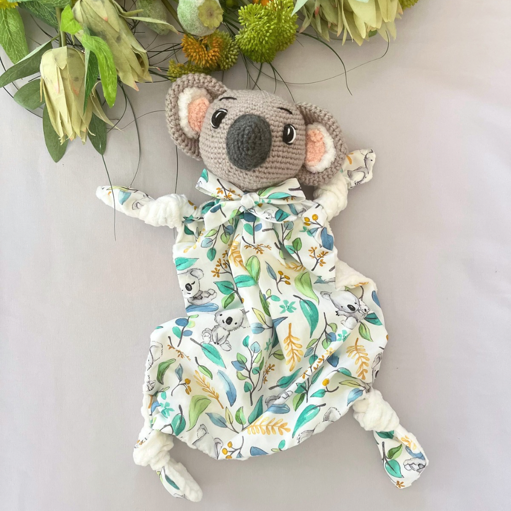 MADE TO ORDER Crochet Koala Bear Tommy Lovey Blanket  & Koala Bear Grasping Toy
