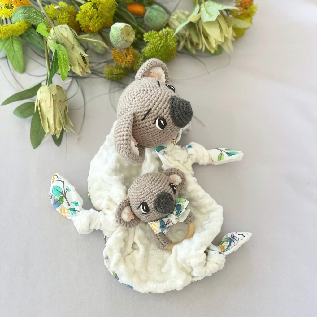 MADE TO ORDER Crochet Koala Bear Tommy Lovey Blanket  & Koala Bear Grasping Toy