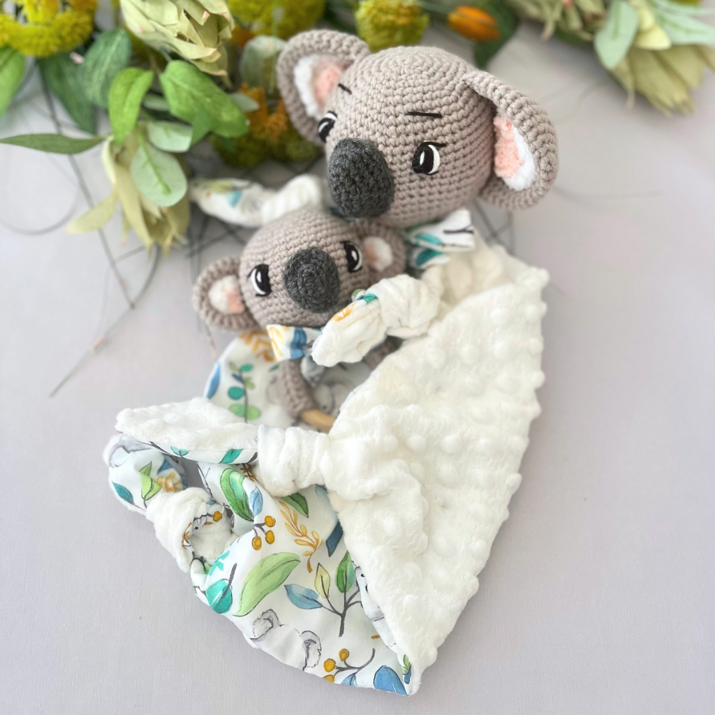 MADE TO ORDER Crochet Koala Bear Tommy Lovey Blanket  & Koala Bear Grasping Toy