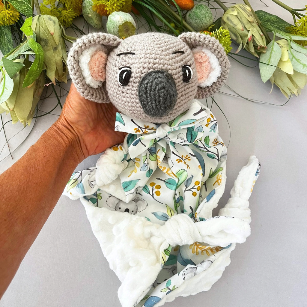 MADE TO ORDER Crochet Koala Bear Tommy Lovey Blanket  & Koala Bear Grasping Toy