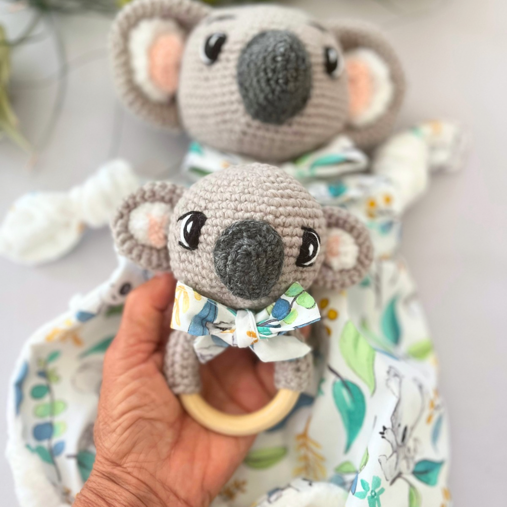 MADE TO ORDER Crochet Koala Bear Tommy Lovey Blanket  & Koala Bear Grasping Toy