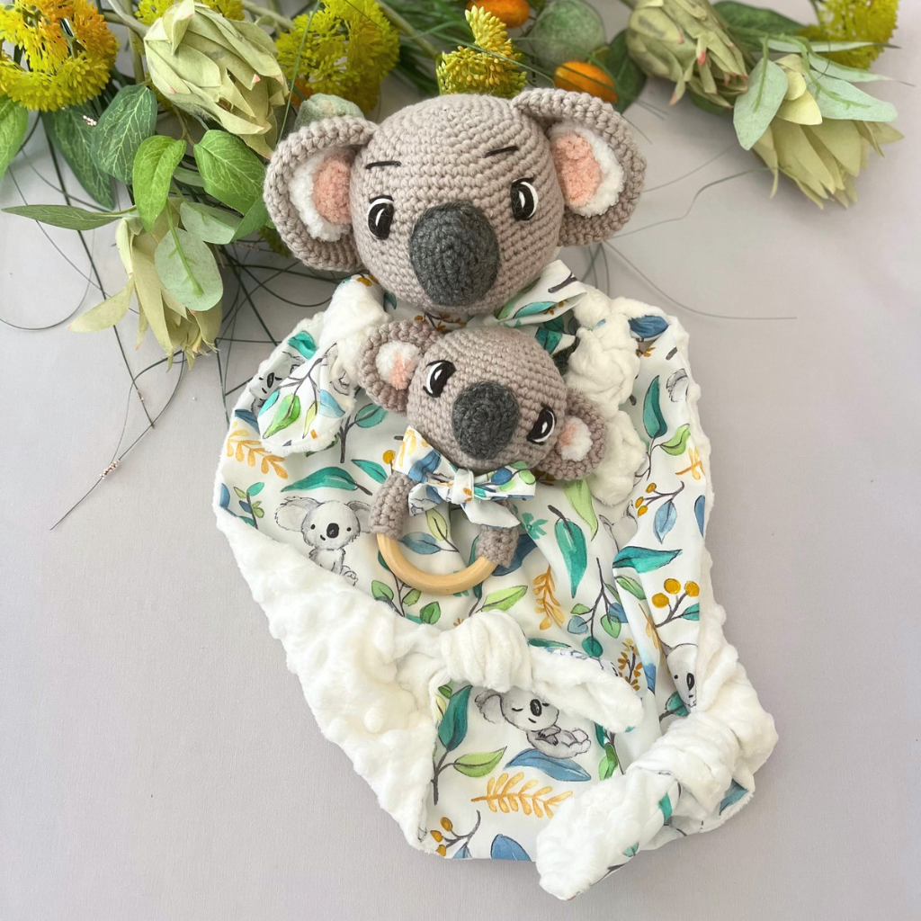 MADE TO ORDER Crochet Koala Bear Tommy Lovey Blanket  & Koala Bear Grasping Toy