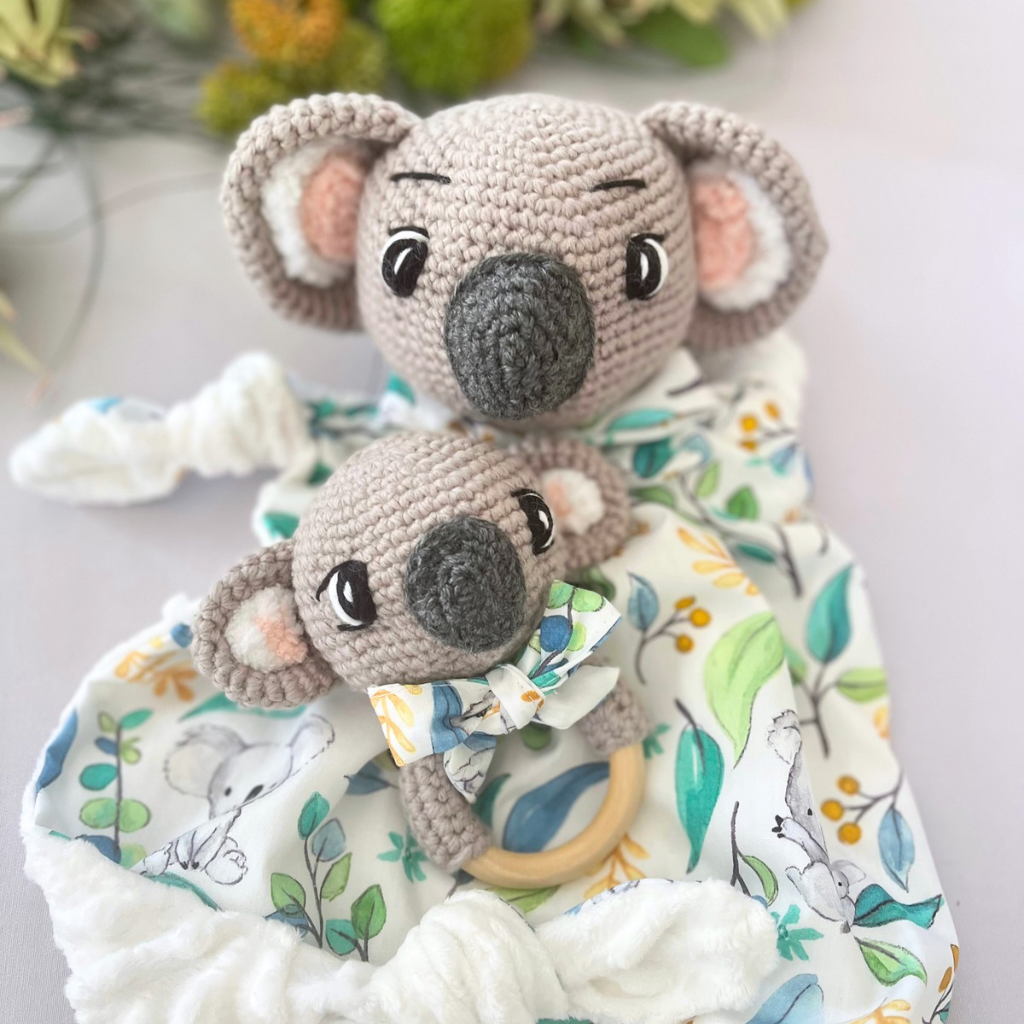 MADE TO ORDER Crochet Koala Bear Tommy Lovey Blanket  & Koala Bear Grasping Toy