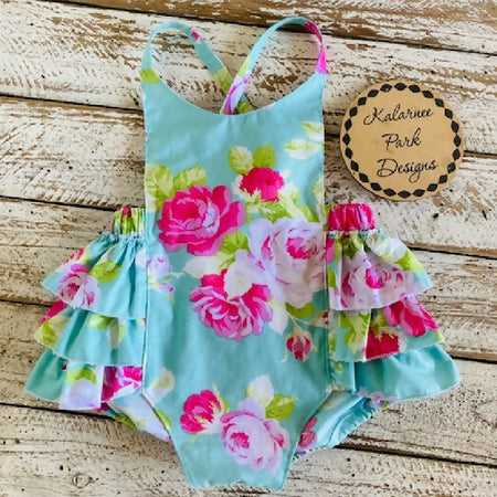 Baby Girl Boho Ruffle Romper Sizes 6-9m-18-24m 'Jade Roses' or 'Pink Roses'