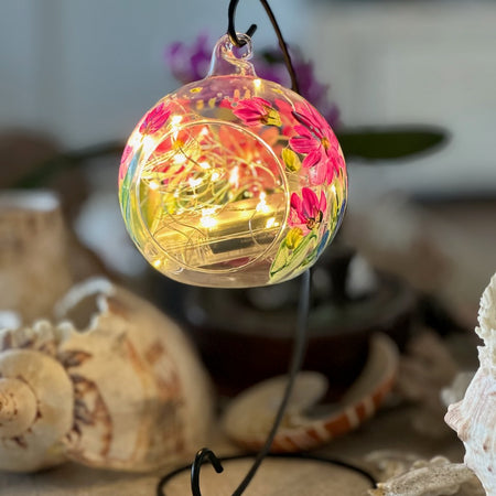 Glass Hanging Candle Holder Hand Painted With Pink Blooms