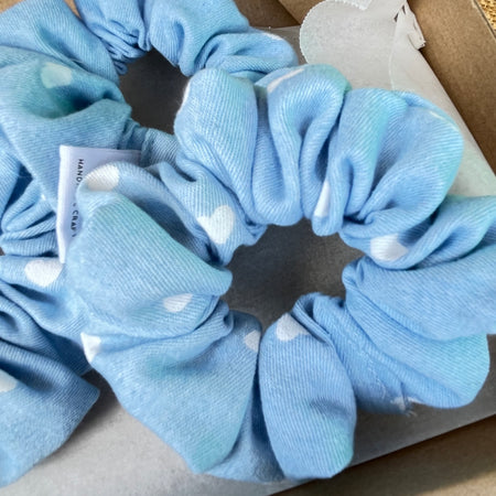 Handmade Denim Scrunchies | Light blue with white hearts