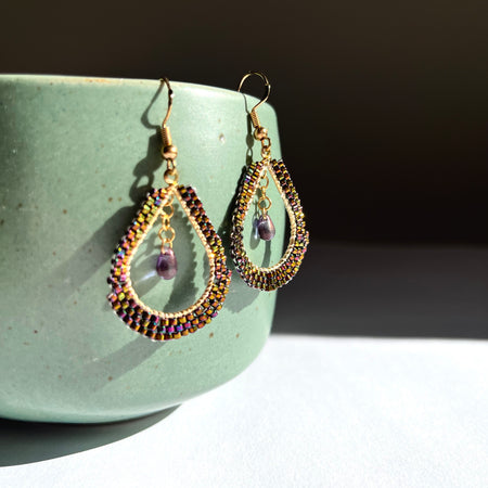 CHAMELEON SECRET | dangle beaded earrings | brown, purple, sparkle