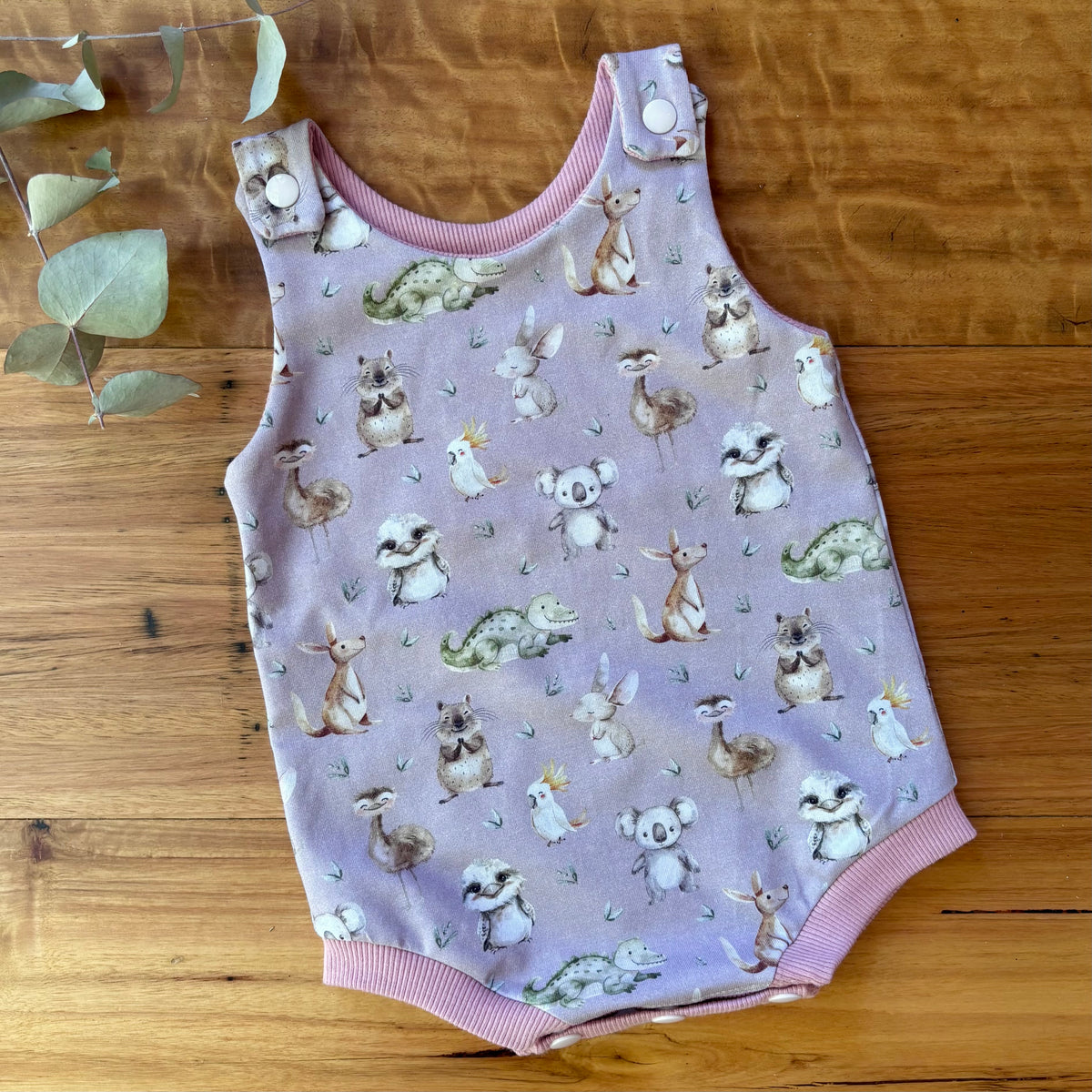 Baby Summer Romper | Pink Australian Animals | Size newborn to 2 | Made to Order