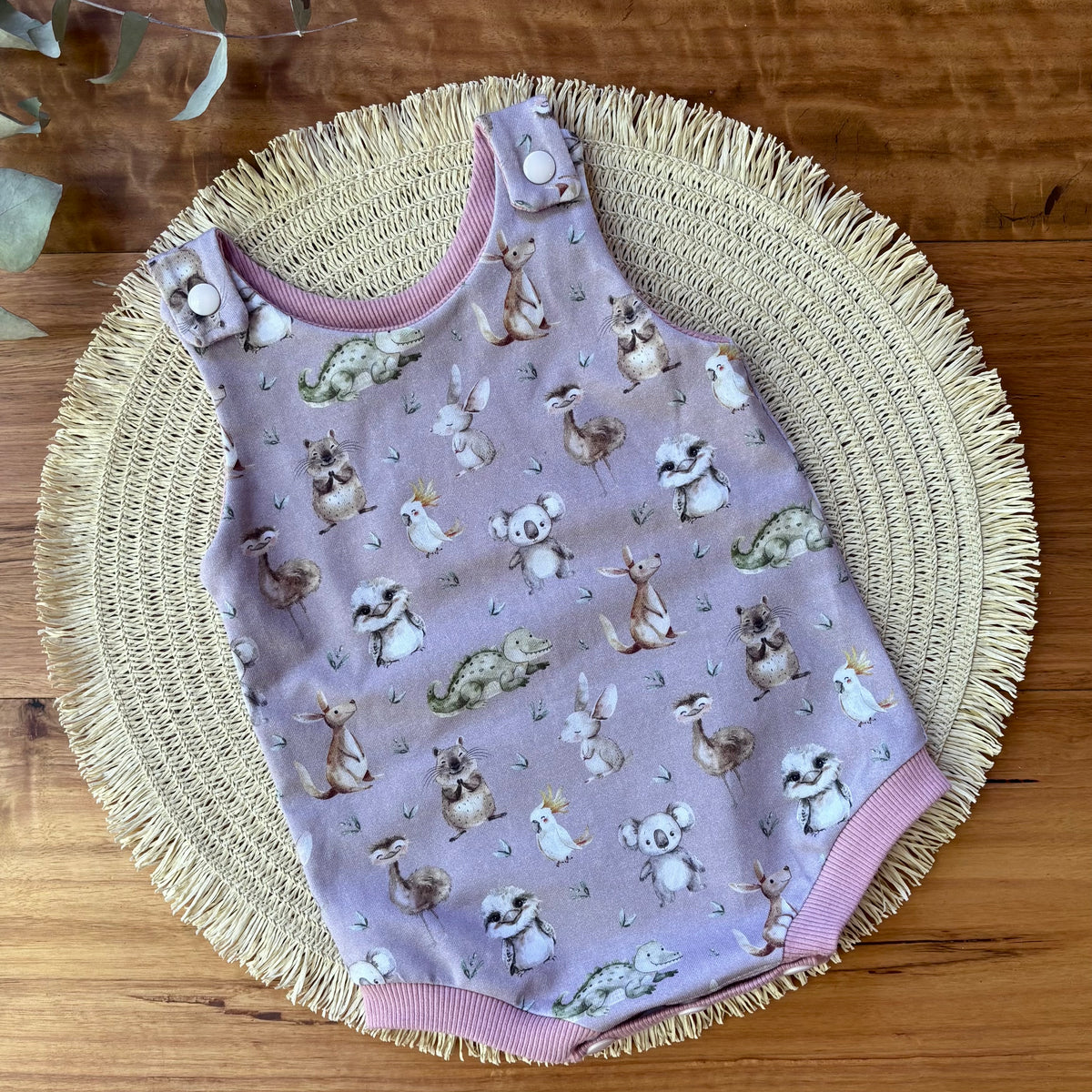 Baby Summer Romper | Pink Australian Animals | Size newborn to 2 | Made to Order