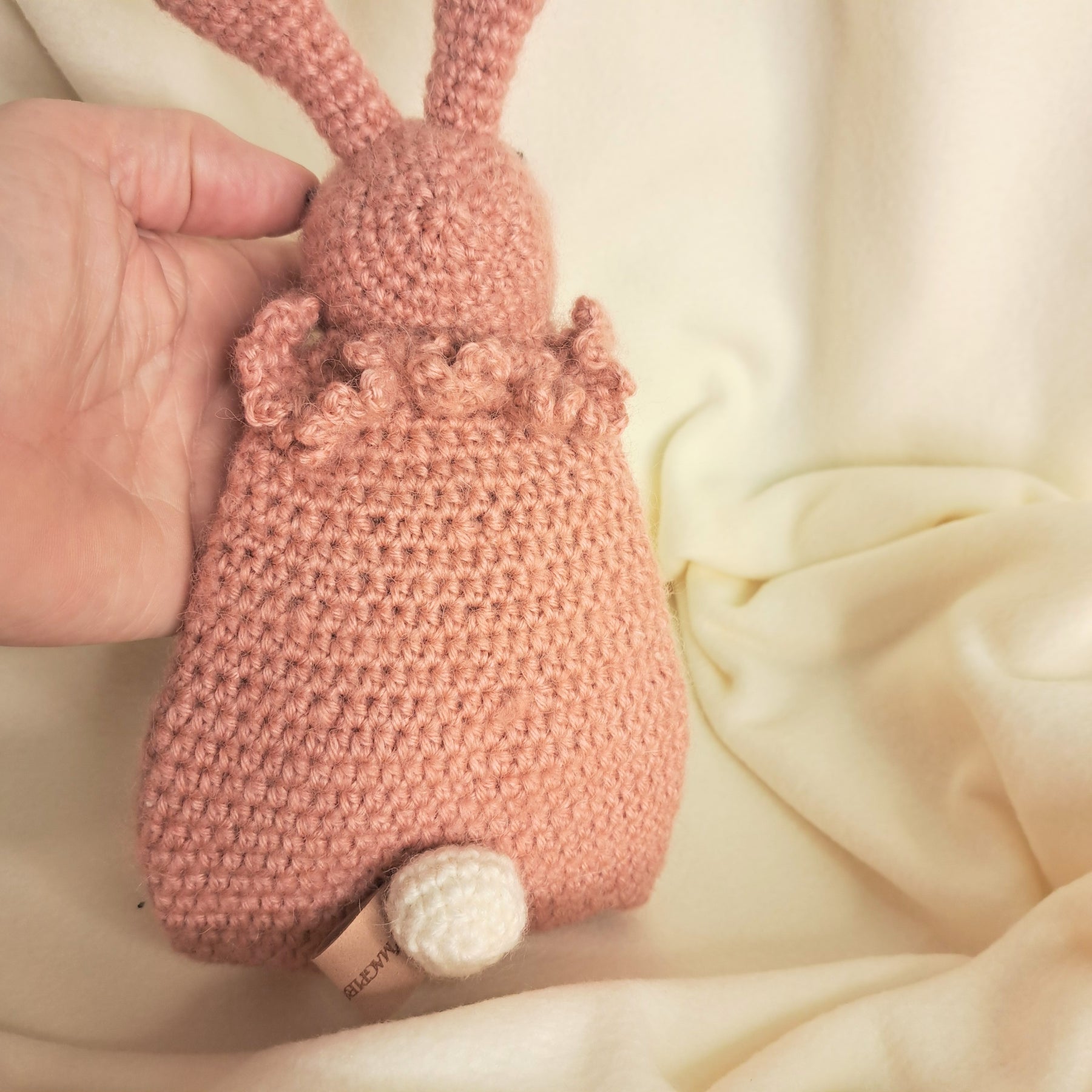 Handmade crochet rabbit snuggler, Australian wool, alpaca, silk