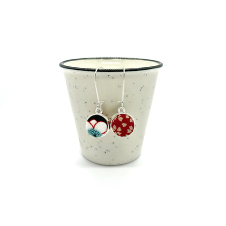 Double Sided Fabric Button Earrings - Aqua and Red