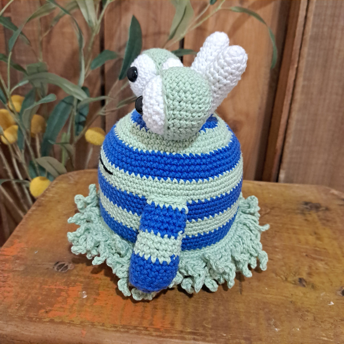 Handmade Crochet wobble ball toy blue and green Australian cotton