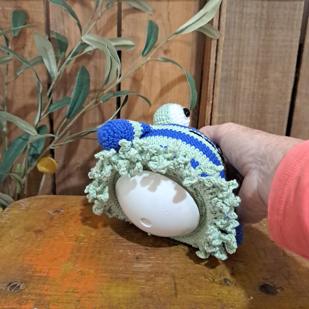 Handmade Crochet wobble ball toy blue and green Australian cotton