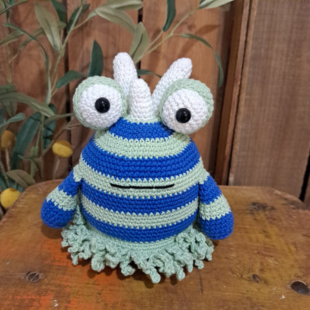 Handmade Crochet wobble ball toy blue and green Australian cotton