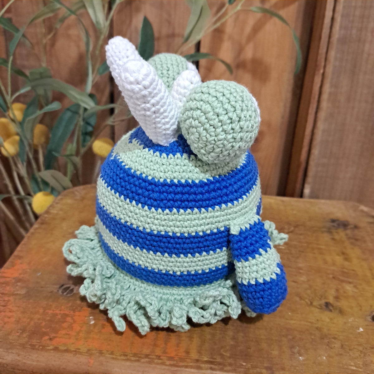 Handmade Crochet wobble ball toy blue and green Australian cotton