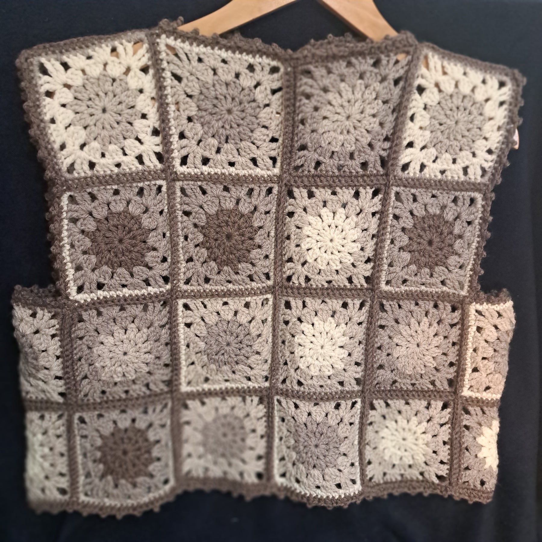 Handmade Crochet organic woollen vest granny squares muted beiges