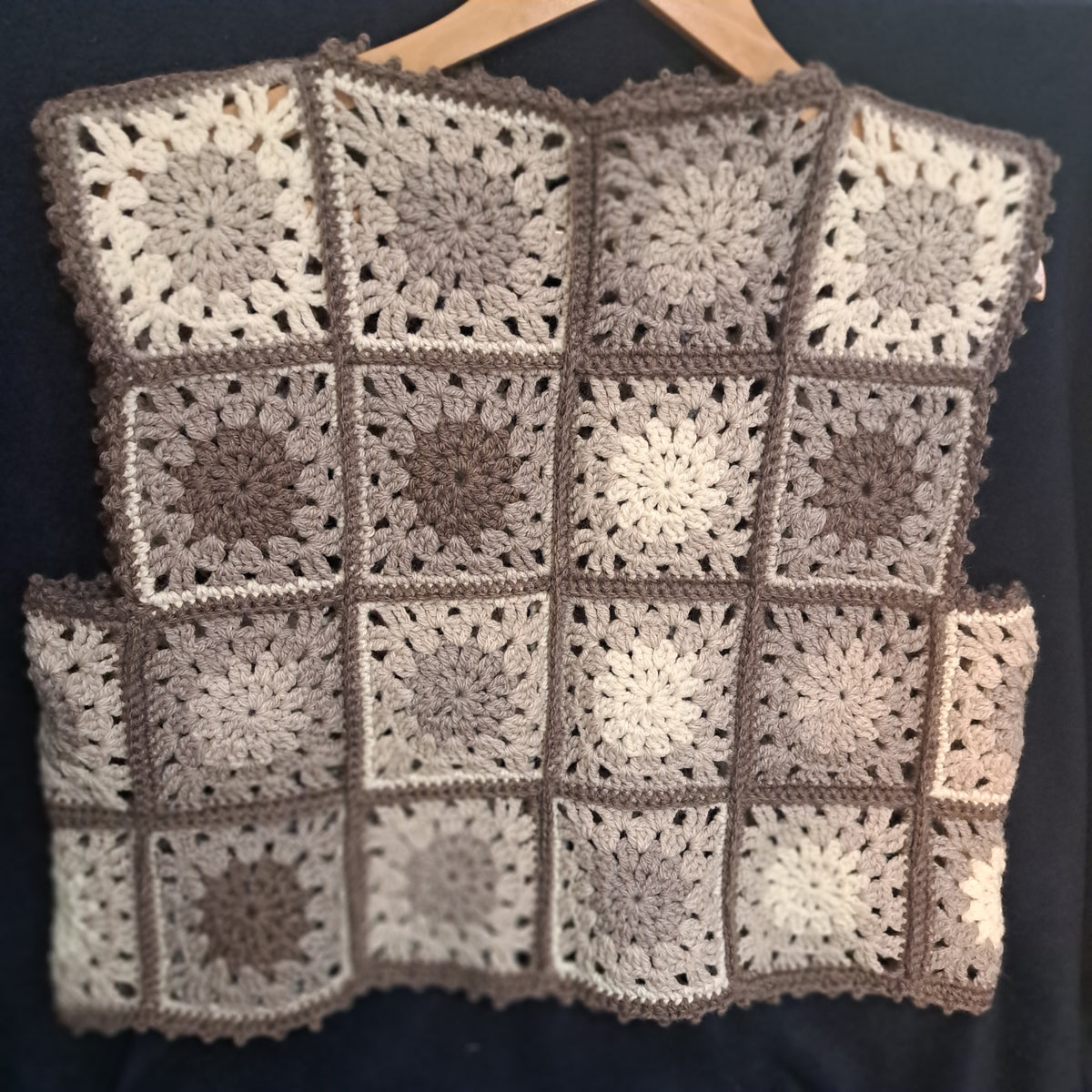 Handmade Crochet organic woollen vest granny squares muted beiges