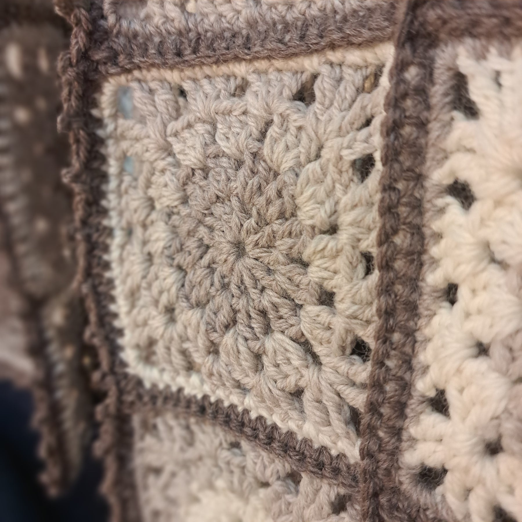 Handmade Crochet organic woollen vest granny squares muted beiges