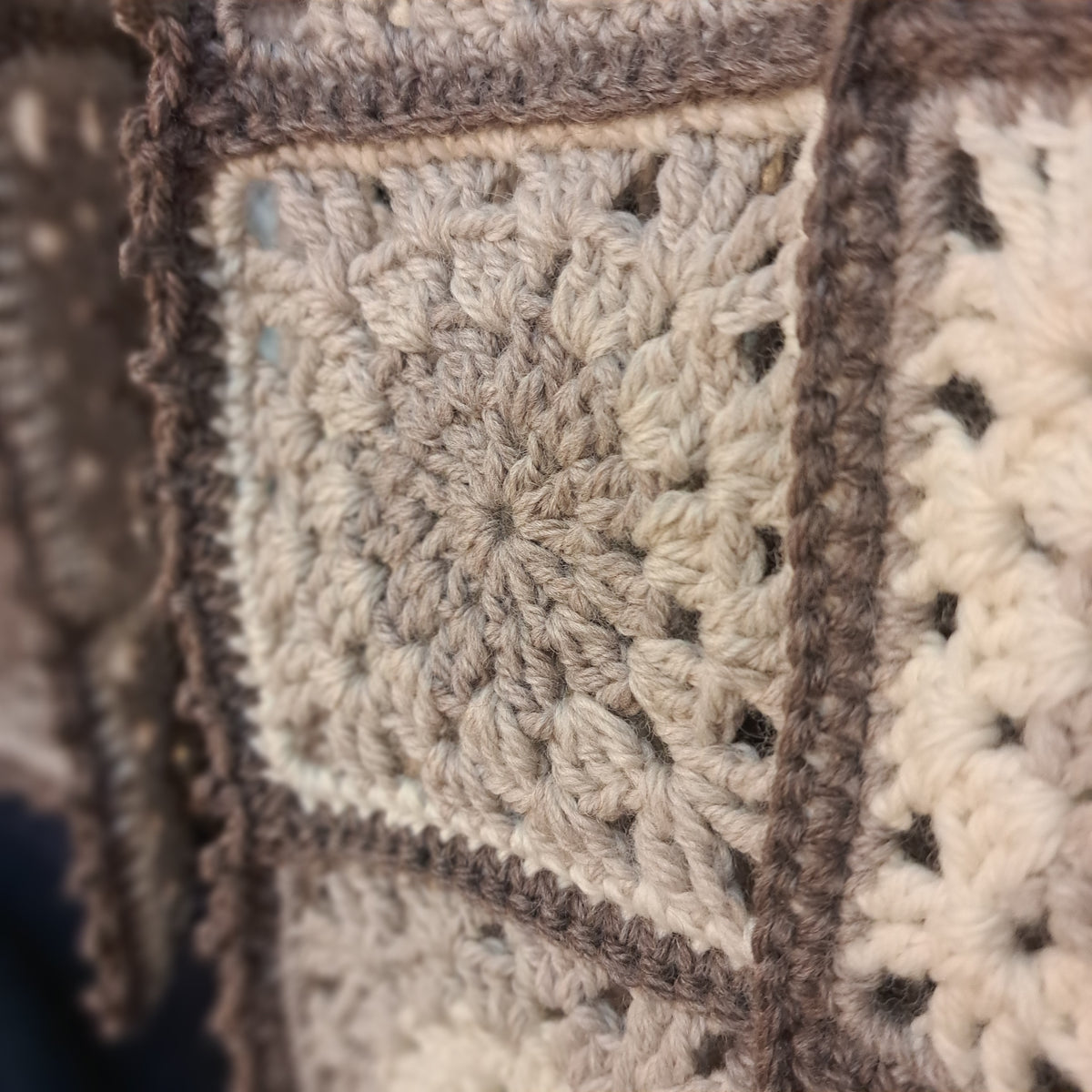 Handmade Crochet organic woollen vest granny squares muted beiges