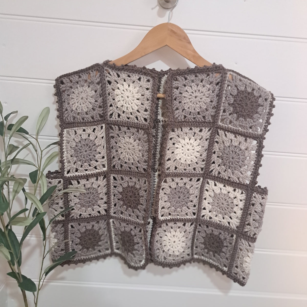 Handmade Crochet organic woollen vest granny squares muted beiges