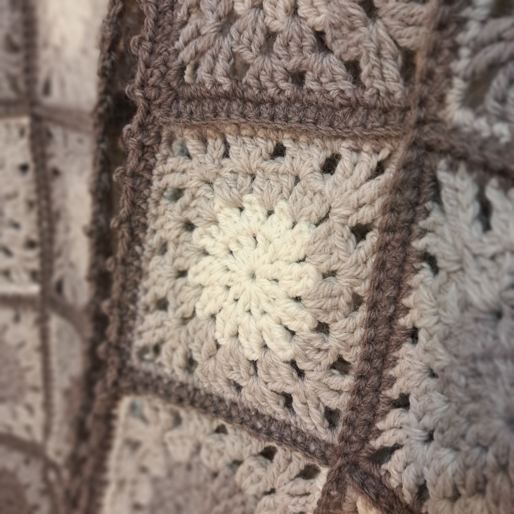 Handmade Crochet organic woollen vest granny squares muted beiges
