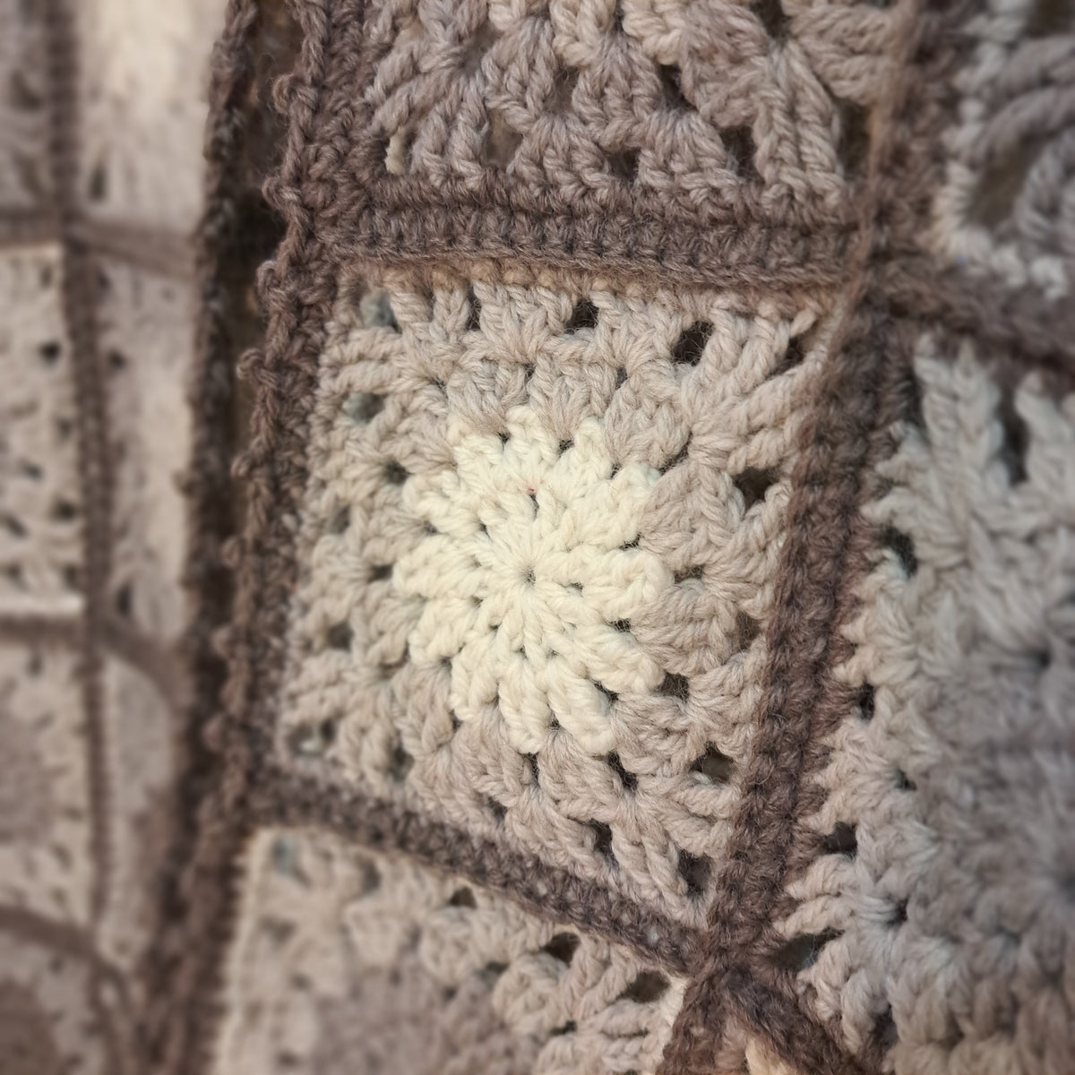 Handmade Crochet organic woollen vest granny squares muted beiges