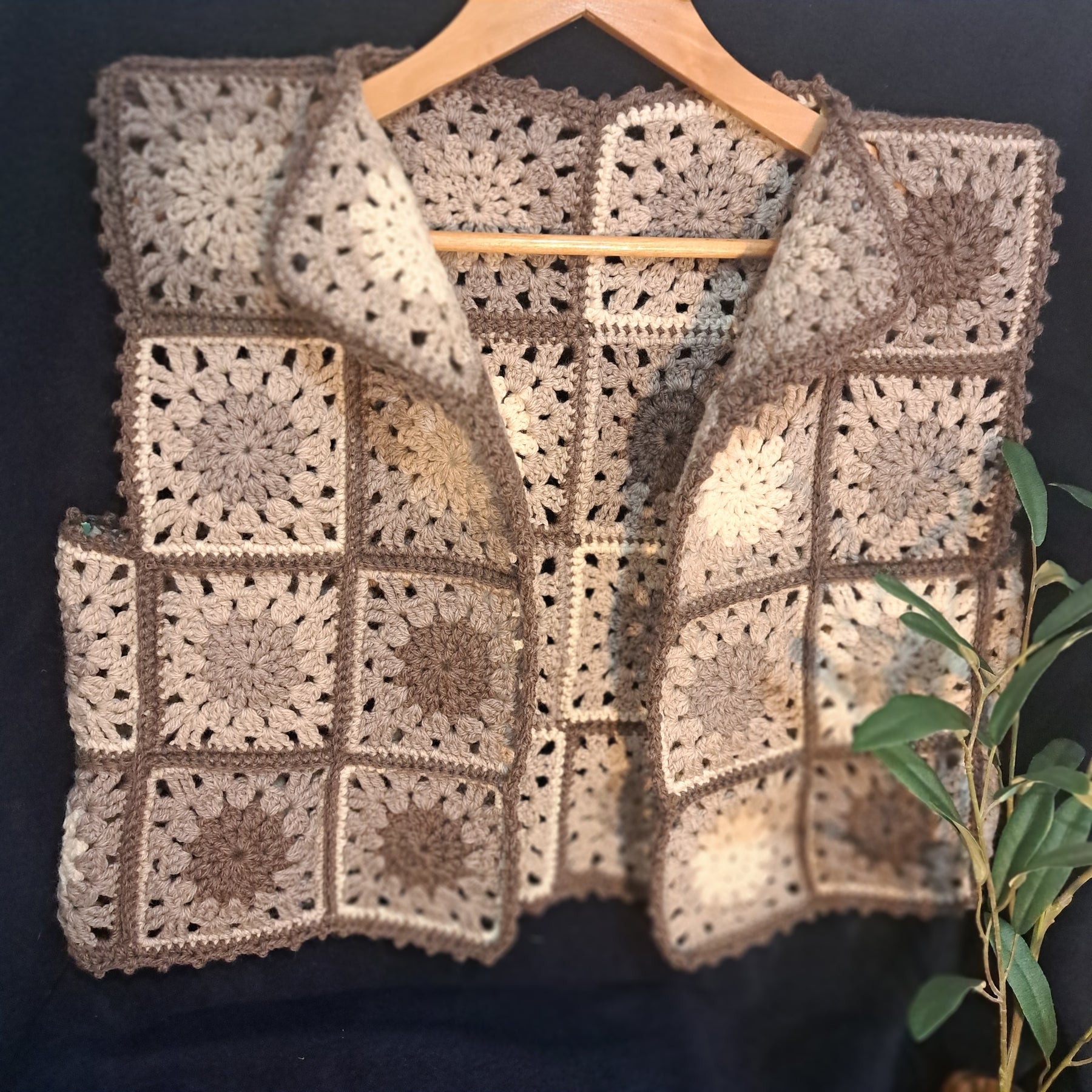 Handmade Crochet organic woollen vest granny squares muted beiges