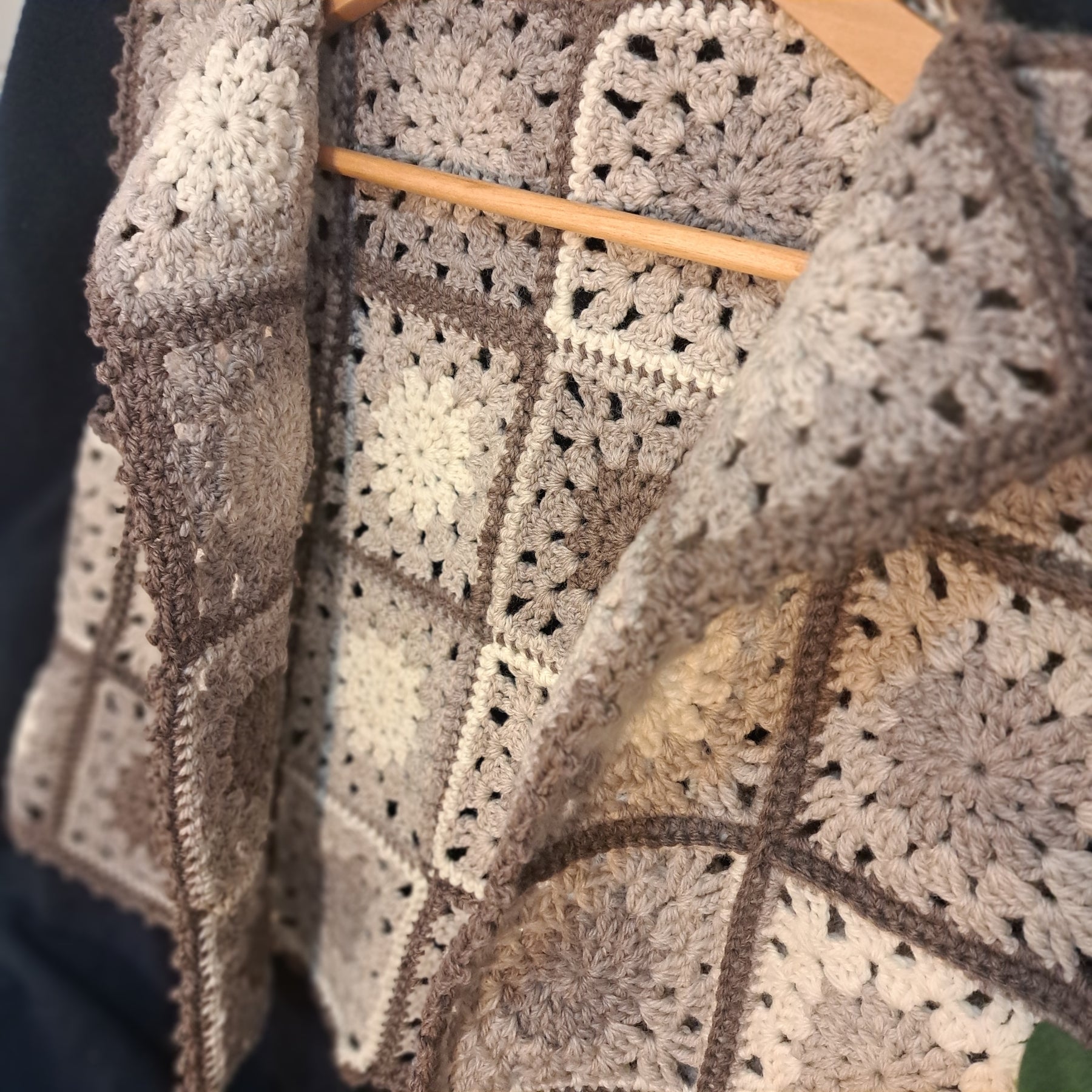 Handmade Crochet organic woollen vest granny squares muted beiges