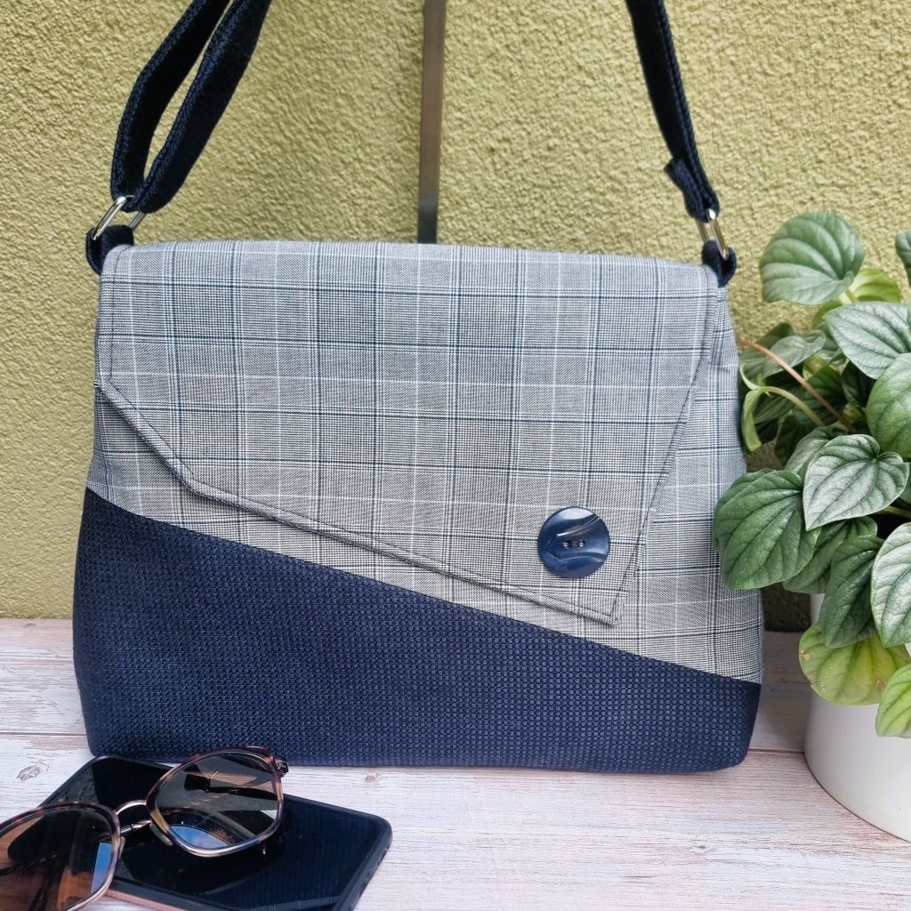 Upcycled classic vintage style handbag - Prince of Wales grey & navy